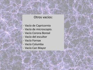 Otros vacíos:
- Vacío de Capricornio
- Vacío de microscopio.
- Vacío Corona Boreal
- Vacío del escultor
- Vacío Fornax
- Vacío Columba
- Vacío Can Mayor
 