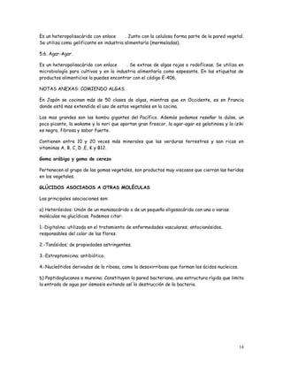 Es un heteropolisacárido con enlace      . Junto con la celulosa forma parte de la pared vegetal.
Se utiliza como gelificante en industria alimentaría (mermeladas).

5.6. Agar-Agar.

Es un heteropolisacárido con enlace      . Se extrae de algas rojas o rodofíceas. Se utiliza en
microbiología para cultivos y en la industria alimentaría como espesante. En las etiquetas de
productos alimenticios lo puedes encontrar con el código E-406.

NOTAS ANEXAS: COMIENDO ALGAS.

En Japón se cocinan más de 50 clases de algas, mientras que en Occidente, es en Francia
donde está mas extendido el uso de estos vegetales en la cocina.

Las mas grandes son las kombu gigantes del Pacífico. Además podemos reseñar la dulse, un
poco picante, la wakame y la nori que aportan gran frescor, la agar-agar es gelatinosa y la iziki
es negra, fibrosa y sabor fuerte.

Contienen entre 10 y 20 veces más minerales que las verduras terrestres y son ricas en
vitaminas A, B, C, D ,E, K y B12.

Goma arábiga y goma de cerezo

Pertenecen al grupo de las gomas vegetales, son productos muy viscosos que cierran las heridas
en los vegetales.

GLÚCIDOS ASOCIADOS A OTRAS MOLÉCULAS

Las principales asociaciones son:

a) Heterósidos: Unión de un monosacárido o de un pequeño oligosacárido con una o varias
moléculas no glucídicas. Podemos citar:

1.-Digitalina: utilizada en el tratamiento de enfermedades vasculares; antocianósidos,
responsables del color de las flores.

2.-Tanósidos; de propiedades astringentes.

3.-Estreptomicina; antibiótico.

4.-Nucleótidos derivados de la ribosa, como la desoxirribosa que forman los ácidos nucleicos.

b) Peptidoglucanos o mureina: Constituyen la pared bacteriana, una estructura rígida que limita
la entrada de agua por ósmosis evitando así la destrucción de la bacteria.




                                                                                                14
 