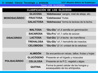 CLASIFICACIÓN DE LOS GLÚCIDOS
MONOSACÁRIDO
GLUCOSA “Aldohexosa” sangre, miel de abeja, etc.
FRUCTOSA “Cetohexosa” frutas
GALACTOSA “Aldohexosa” forma la lactosa de la leche.
DISACÁRIDO
MALTOSA “Glu-Glu” α1,4 semilla en germinación.
SACAROSA “Glu-Fru” α1,1 caña de azúcar.
LACTOSA “Gal-Glu” β 1,4 leche de mamíferos
TREHALOSA “Glu-Glu” α1,1 hemolinfa de insectos
CELOBIOSA “Glu-Glu” β 1,4 unidad de la celulosa
POLISACÁRIDO
ALMIDÓN Se encuentra en raíces, tallos, frutas y hojas
GLUCÓGENO Presente en el hígado y músculos
CELULOSA Presente en la P.C. vegetal y algas.
QUITINA
Forma la pared celular de los hongos y
exoesqueleto de los artrópodos.
I - Unidad : El fascinante mundo de la Biología
Área: Ciencia Tecnología y Ambiente 1° Secundaria
I.E.P «Nuestra Señora de Guadalupe»
Tema: LOS GLÚCIDOS
II - Unidad : Ciencia Tecnología y ambiente I.E.P «Nuestra Señora de Guadalupe»
 