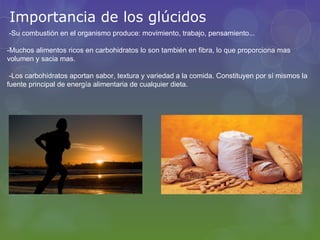 Importancia de los glúcidos
-Su combustión en el organismo produce: movimiento, trabajo, pensamiento...

-Muchos alimentos ricos en carbohidratos lo son también en fibra, lo que proporciona mas
volumen y sacia mas.

 -Los carbohidratos aportan sabor, textura y variedad a la comida. Constituyen por sí mismos la
fuente principal de energía alimentaria de cualquier dieta.
 