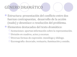 GÉNERO DRAMÁTICO
Estructura: presentación del conflicto entre dos
 fuerzas contrapuestas, desarrollo de la acción
 (nudo) y desenlace o resolución del problema.
Elementos destacados del texto dramático:
   Acotaciones: aportan información sobre la representación.
   División en cuadros, actos y escenas.
   Diversas formas de expresión: monólogo y diálogo.
   Escenografía: decorado, vestuario, iluminación y sonido.
 