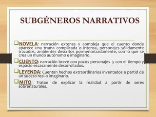 NOVELA: narración extensa y compleja que el cuento donde
aparece una trama complicada o intensa, personajes sólidamente
trazados, ambientes descritos pormenorizadamente, con lo que se
crea un mundo autónomo e imaginario.
CUENTO: narración breve con pocos personajes y con el tiempo y
espacio escasamente desarrollados.
LEYENDA: Cuentan hechos extraordinarios inventados a partid de
un suceso real o imaginario.
MITO: Tratan de explicar la realidad a partir de seres
sobrenaturales.
SUBGÉNEROS NARRATIVOS
 