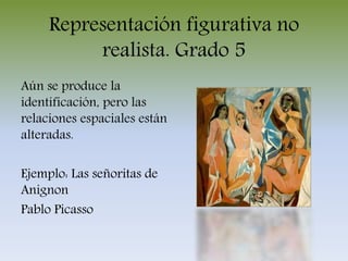 Representación figurativa no
realista. Grado 5
Aún se produce la
identificación, pero las
relaciones espaciales están
alteradas.
Ejemplo: Las señoritas de
Anignon
Pablo Picasso
 