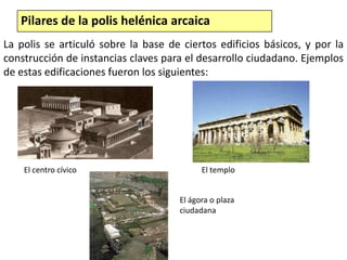Pilares de la polis helénica arcaicaLa polis se articuló sobre la base de ciertos edificios básicos, y por la construcción de instancias claves para el desarrollo ciudadano. Ejemplos de estas edificaciones fueron los siguientes: El centro cívicoEl temploEl ágora o plaza ciudadana