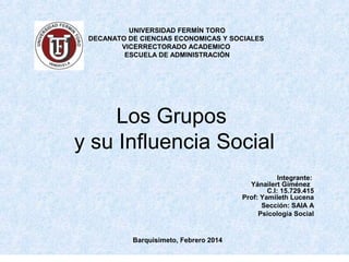 UNIVERSIDAD FERMÍN TORO
DECANATO DE CIENCIAS ECONOMICAS Y SOCIALES
VICERRECTORADO ACADEMICO
ESCUELA DE ADMINISTRACIÓN

Los Grupos
y su Influencia Social
Integrante:
Yánailert Giménez
C.I: 15.729.415
Prof: Yamileth Lucena
Sección: SAIA A
Psicología Social

Barquisimeto, Febrero 2014

 
