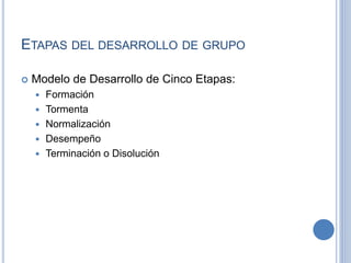 ETAPAS DEL DESARROLLO DE GRUPO
 Modelo de Desarrollo de Cinco Etapas:
 Formación
 Tormenta
 Normalización
 Desempeño
 Terminación o Disolución
 