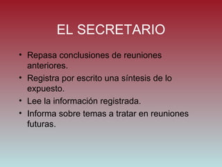 EL SECRETARIO Repasa conclusiones de reuniones anteriores. Registra por escrito una s íntesis de lo expuesto. Lee la información registrada. Informa sobre temas a tratar en reuniones futuras. 