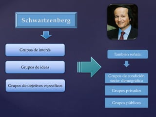 Grupos de ideas
Grupos de objetivos específicos
Grupos de interés
También señala:
Grupos de condición
socio- demográfica
Grupos privados
Grupos públicos
 
