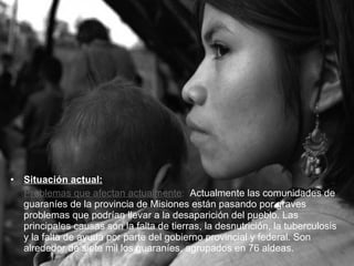 Situación actual: Problemas que afectan actualmente :   Actualmente las comunidades de guaraníes de la provincia de Misiones están pasando por graves problemas que podrían llevar a la desaparición del pueblo. Las principales causas son la falta de tierras, la desnutrición, la tuberculosis y la falta de ayuda por parte del gobierno provincial y federal. Son alrededor de siete mil los guaraníes, agrupados en 76 aldeas.  