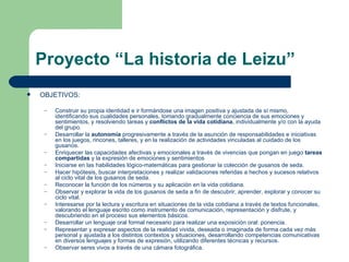 Proyecto “La historia de Leizu” <ul><li>OBJETIVOS: </li></ul><ul><ul><li>Construir su propia identidad e ir formándose una...