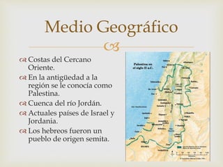 
Costas del Cercano
Oriente.
En la antigüedad a la
región se le conocía como
Palestina.
Cuenca del río Jordán.
Actuales países de Israel y
Jordania.
Los hebreos fueron un
pueblo de origen semita.
Medio Geográfico