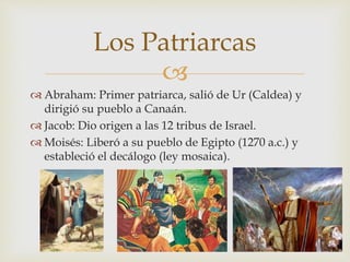 
Abraham: Primer patriarca, salió de Ur (Caldea) y
dirigió su pueblo a Canaán.
Jacob: Dio origen a las 12 tribus de Israel.
Moisés: Liberó a su pueblo de Egipto (1270 a.c.) y
estableció el decálogo (ley mosaica).
Los Patriarcas