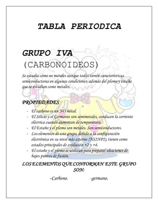 TABLA PERIODICA
GRUPO IVA
(CARBONOIDEOS)
Se estudia cómo no metales aunque todos tienen características
semiconductoras en algunas condiciones;además del plomoy estaño
que se estudian como metales.
PROPIEDADES
- El carbono es un NO metal.
- El Silicio y el Germanio son semimetales, conducen la corriente
eléctrica cuando aumentan de temperatura.
- El Estaño y el plomo son metales. Son semiconductores.
- Los elementos de este grupo, debido a la configuración
electrónica en su nivel más externo (NS2NP2), tienen como
estados principales de oxidación +2 y +4.
- El estaño y el plomose utilizan para preparar aleaciones de
bajos puntos de fusión.
LOS ELEMENTOS QUE CONFORMAN ESTE GRUPO
SON:
-Carbono. -germano.
 