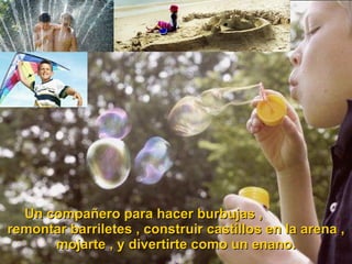 Un compañero para hacer burbujas ,  remontar barriletes , construir castillos en la arena , mojarte , y divertirte como un enano. 