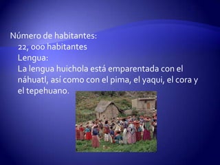 Número de habitantes:
 22, 000 habitantes
 Lengua:
 La lengua huichola está emparentada con el
 náhuatl, así como con el pima, el yaqui, el cora y
 el tepehuano.
 