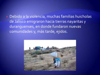    Debido a la violencia, muchas familias huicholas
    de Jalisco emigraron hacia tierras nayaritas y
    duranguenses, en donde fundaron nuevas
    comunidades y, más tarde, ejidos.
 