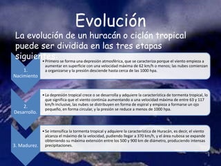 Evolución
1.
Nacimiento
•Primero se forma una depresión atmosférica, que se caracteriza porque el viento empieza a
aumentar en superficie con una velocidad máxima de 62 km/h o menos; las nubes comienzan
a organizarse y la presión desciende hasta cerca de las 1000 hpa.
2.
Desarrollo.
•La depresión tropical crece o se desarrolla y adquiere la característica de tormenta tropical, lo
que significa que el viento continúa aumentando a una velocidad máxima de entre 63 y 117
km/h inclusive, las nubes se distribuyen en forma de espiral y empieza a formarse un ojo
pequeño, en forma circular, y la presión se reduce a menos de 1000 hpa.
3. Madurez.
•Se intensifica la tormenta tropical y adquiere la característica de Huracán, es decir, el viento
alcanza el máximo de la velocidad, pudiendo llegar a 370 km/h, y el área nubosa se expande
obteniendo su máxima extensión entre los 500 y 900 km de diámetro, produciendo intensas
precipitaciones.
La evolución de un huracán o ciclón tropical
puede ser dividida en las tres etapas
siguientes:
 