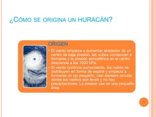 ¿CÓMO SE ORIGINA UN HURACÁN?
ORIGEN
• El viento empieza a aumentar alrededor de un
centro de baja presión, las nubes comienzan a
formarse y la presión atmosférica en el centro
desciende a los 1000 hPa.
• El viento continúa aumentando, las nubes se
distribuyen en forma de espiral y empieza a
formarse un ojo pequeño, casi siempre circular,
donde los vientos son leves y no hay
precipitaciones. La presión cae en una pequeña
área.
 