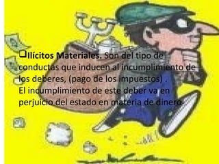 Ilícitos Materiales. Son del tipo de 
conductas que inducen al incumplimiento de 
los deberes, (pago de los impuestos) .
El incumplimiento de este deber va en 
perjuicio del estado en materia de dinero.
 