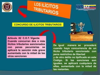 CONCURSO DE ILICITOS TRIBUTARIOS
Artículo 82 C.O.T. Vigente
Cuando concurran dos o más
ilícitos tributarios sancionados
con penas pecuniarias se
aplicará la sanción más grave
aumentada con la mitad de las
otras sanciones
De igual manera se procederá
cuando haya concurrencia de un
Ilícito tributario sancionado con
pena restrictiva de libertad
y de otro delito no tipificado en este
Código. Si las sanciones son
iguales, se aplicará cualquiera de
ellas, aumentada con la mitad de
las restantes.
 