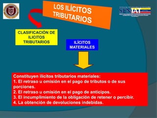 CLASIFICACIÓN DE
ILICITOS
TRIBUTARIOS ILÍCITOS
MATERIALES
Constituyen ilícitos tributarios materiales:
1. El retraso u omisión en el pago de tributos o de sus
porciones.
2. El retraso u omisión en el pago de anticipos.
3. El incumplimiento de la obligación de retener o percibir.
4. La obtención de devoluciones indebidas.
 