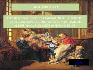 JUAN JACOBO ROSSEAU
                         fi
ESCRIBIO EL DISCURSO “DESIGUALDAD ENTRE LOS HOMBRE”
 PERO SU MAS GRANDE OBRA FUE “EL CONTRATO SOCIAL”,
     ASEGURABA QUE LOS NIÑOS APRENDIAN SOLOS .




                                             atrás
 
