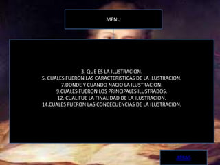 MENU




                3. QUE ES LA ILUSTRACION.
5. CUALES FUERON LAS CARACTERISTICAS DE LA ILUSTRACION.
        7.DONDE Y CUANDO NACIO LA ILUSTRACION.
      9.CUALES FUERON LOS PRINCIPALES ILUSTRADOS.
      12. CUAL FUE LA FINALIDAD DE LA ILUSTRACION.
14.CUALES FUERON LAS CONCECUENCIAS DE LA ILUSTRACION.




                                                     ATRAS
 