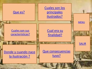 Cuales son los
     Que es?             principales
                         ilustrados?
                                           MENU


    Cuales son sus       Cual era su
    características?     finalidad?

                                           SALIR

Donde y cuando nace    Que consecuencias
   la ilustración ?          tuvo?
 