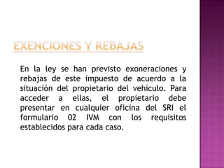 IMPUESTO A LOS ACTIVOS EN EL EXTERIOR	Se crea el impuesto mensual sobre los fondos disponibles e inversiones que mantengan en el exterior las entidades privadas reguladas por la Superintendencia de Bancos y Seguros y las Intendencias del Mercado de Valores de la Superintendencia de Compañías.	Están obligados al pago de este tributo, las entidades privadas reguladas por la Superintendencia de Bancos y Seguros y por las Intendencias del Mercado de Valores de la Superintendencia de Compañías.Sujetos pasivos		Serán sujetos pasivos del impuesto a los activos en el exterior, en calidad de contribuyentes, las instituciones privadas controladas por la Superintendencia de Bancos y Seguros y por las intendencias de Mercado de Valores de la Superintendencia de Compañías.