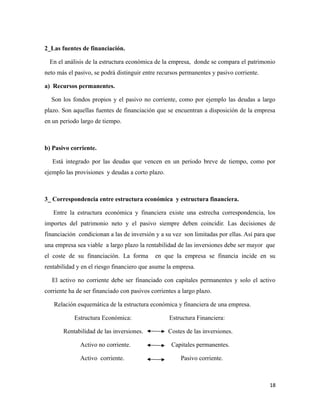 2_Las fuentes de financiación. 
En el análisis de la estructura económica de la empresa, donde se compara el patrimonio 
neto más el pasivo, se podrá distinguir entre recursos permanentes y pasivo corriente. 
a) Recursos permanentes. 
Son los fondos propios y el pasivo no corriente, como por ejemplo las deudas a largo 
plazo. Son aquellas fuentes de financiación que se encuentran a disposición de la empresa 
en un periodo largo de tiempo. 
b) Pasivo corriente. 
Está integrado por las deudas que vencen en un periodo breve de tiempo, como por 
ejemplo las provisiones y deudas a corto plazo. 
3_ Correspondencia entre estructura económica y estructura financiera. 
Entre la estructura económica y financiera existe una estrecha correspondencia, los 
importes del patrimonio neto y el pasivo siempre deben coincidir. Las decisiones de 
financiación condicionan a las de inversión y a su vez son limitadas por ellas. Así para que 
una empresa sea viable a largo plazo la rentabilidad de las inversiones debe ser mayor que 
el coste de su financiación. La forma en que la empresa se financia incide en su 
rentabilidad y en el riesgo financiero que asume la empresa. 
El activo no corriente debe ser financiado con capitales permanentes y solo el activo 
corriente ha de ser financiado con pasivos corrientes a largo plazo. 
Relación esquemática de la estructura económica y financiera de una empresa. 
Estructura Económica: Estructura Financiera: 
Rentabilidad de las inversiones. Costes de las inversiones. 
Activo no corriente. Capitales permanentes. 
Activo corriente. Pasivo corriente. 
18 
 
