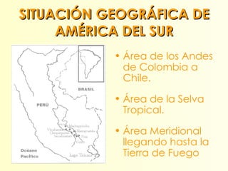 SITUACIÓN GEOGRÁFICA DE AMÉRICA DEL SUR <ul><li>Área de los Andes de Colombia a Chile. </li></ul><ul><li>Área de la Selva ...