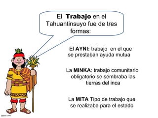 El  AYNI:  trabajo  en el que se prestaban ayuda mutua  El  Trabajo  en el Tahuantinsuyo fue de tres formas:  La  MINKA : trabajo comunitario  obligatorio se sembraba las tierras del inca La  MITA  Tipo de trabajo que se realizaba para el estado 