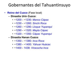 Gobernantes del Tahuantinsuyo Reino del Cuzco  (Fase local)  Dinastía  Urin Cuzco :  ~ 1200  - ~ 1230 :  Manco Cápac   ~ 1230  - ~ 1260 :  Sinchi Roca   ~ 1260  - ~ 1290 :  Lloque Yupanqui   ~ 1290  - ~ 1320 :  Mayta Cápac   ~ 1320  - ~ 1350 :  Cápac Yupanqui   Dinastía Hanan Cuzco :  ~ 1350  - ~ 1380 :  Inca Roca   ~ 1380  - ~ 1400 :  Yáhuar Huácac   ~ 1400  -  1438 :  Viracocha Inca   