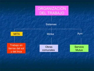 ORGANIZACIÓN
DEL TRABAJO
MITA
Trabajo en
tierras del sol
y del Inca
Sistemas
Minka Ayni
Obras
comunales
Servicio
Mutuo
 