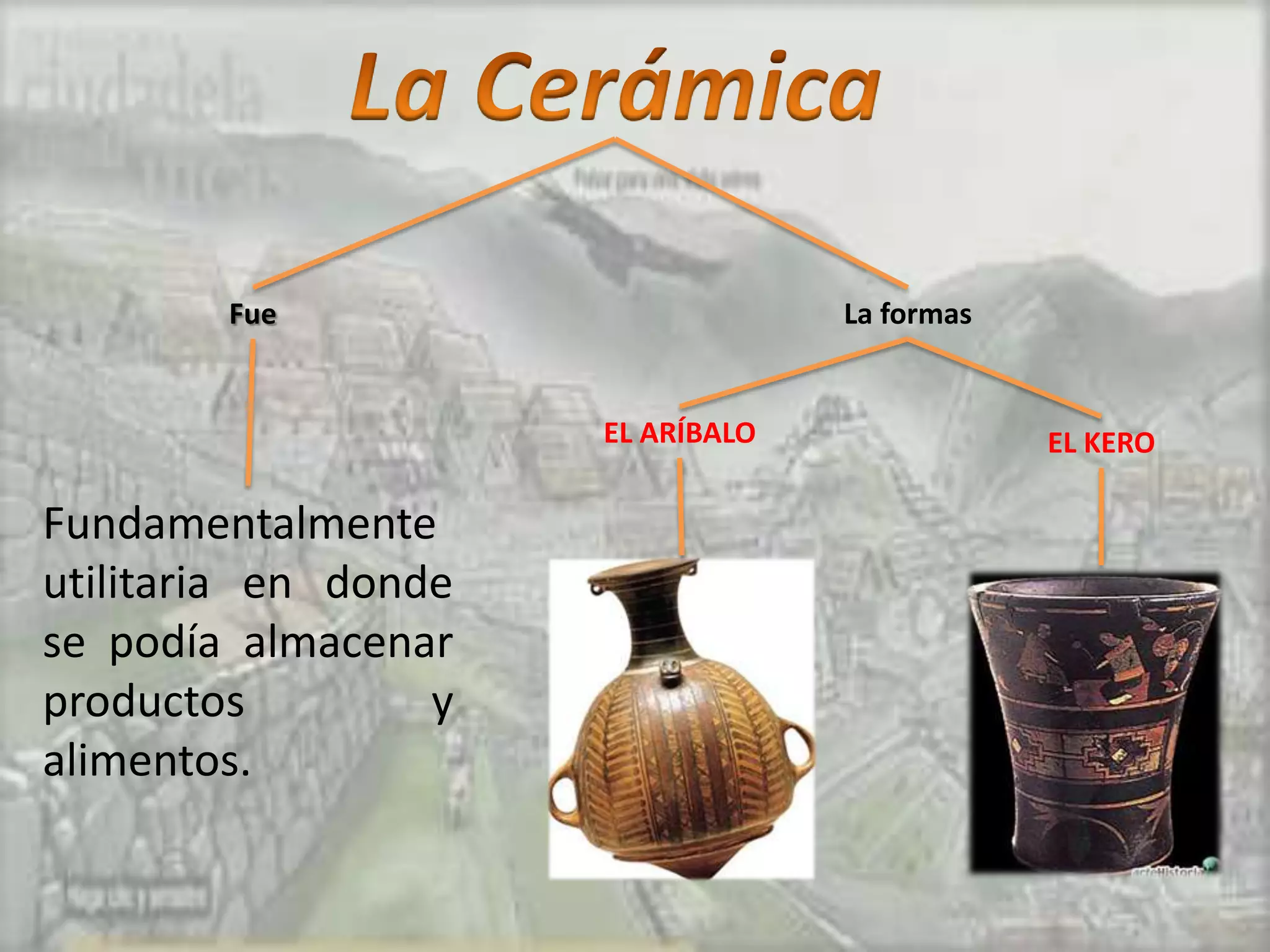 Fue                        La formas


                      EL ARÍBALO               EL KERO

Fundamentalmente
utilitaria en donde
se podía almacenar
productos         y
alimentos.
 