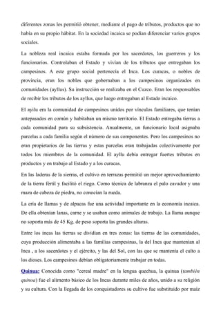 diferentes zonas les permitió obtener, mediante el pago de tributos, productos que no
había en su propio hábitat. En la sociedad incaica se podían diferenciar varios grupos
sociales.
La nobleza real incaica estaba formada por los sacerdotes, los guerreros y los
funcionarios. Controlaban el Estado y vivían de los tributos que entregaban los
campesinos. A este grupo social pertenecía el Inca. Los curacas, o nobles de
provincia, eran los nobles que gobernaban a los campesinos organizados en
comunidades (ayllus). Su instrucción se realizaba en el Cuzco. Eran los responsables
de recibir los tributos de los ayllus, que luego entregaban al Estado incaico.
El ayilu era la comunidad de campesinos unidos por vínculos familiares, que tenían
antepasados en común y habitaban un mismo territorio. El Estado entregaba tierras a
cada comunidad para su subsistencia. Anualmente, un funcionario local asignaba
parcelas a cada familia según el número de sus componentes. Pero los campesinos no
eran propietarios de las tierras y estas parcelas eran trabajadas colectivamente por
todos los miembros de la comunidad. El ayllu debía entregar fuertes tributos en
productos y en trabajo al Estado y a los curacas.
En las laderas de la sierras, el cultivo en terrazas permitió un mejor aprovechamiento
de la tierra fértil y facilitó el riego. Como técnica de labranza el palo cavador y una
maza de cabeza de piedra, no conocían la rueda.
La cría de llamas y de alpacas fue una actividad importante en la economía incaica.
De ella obtenían lanas, carne y se usaban como animales de trabajo. La llama aunque
no soporta más de 45 Kg. de peso soporta las grandes alturas.
Entre los incas las tierras se dividían en tres zonas: las tierras de las comunidades,
cuya producción alimentaba a las familias campesinas, la del Inca que mantenían al
Inca , a los sacerdotes y el ejército, y las del Sol, con las que se mantenía el culto a
los dioses. Los campesinos debían obligatoriamente trabajar en todas.
Quinua: Conocida como "cereal madre" en la lengua quechua, la quinua (también
quinoa) fue el alimento básico de los Incas durante miles de años, unido a su religión
y su cultura. Con la llegada de los conquistadores su cultivo fue substituido por maíz
 