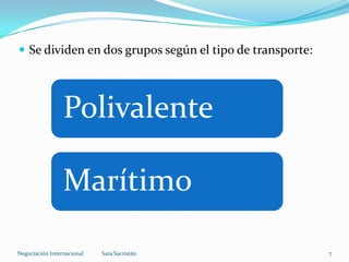  Se dividen en dos grupos según el tipo de transporte:
Polivalente
Marítimo
Sara SacristánNegociación Internacional 7
 