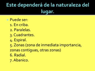 

Puede ser:
1. En criba.
2. Paralelas.
3. Cuadrantes.
4. Espiral.
5. Zonas (zona de inmediata importancia,
zonas contiguas, otras zonas)
6. Radial.
7. Abanico.

 