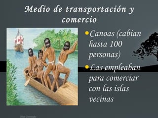 Medio de transportación y comercio Canoas (cabian hasta 100 personas) Las empleaban para comerciar con las islas vecinas 