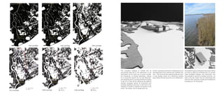1935 Land Map
Leeville
Port Fourchon
1945 Land Map
Leeville
Port Fourchon
2030 Land Map
Port Fourchon
Leeville
Old LA 1
New LA 1 Bridge
Intervention
1994 Land Map
Port Fourchon
Leeville
2012 Land Map
Leeville
Port Fourchon
Old LA 1
New LA 1 Bridge
2100 Land Map Intervention
Old LA 1
New LA 1 Bridge
Port Fourchon
Leeville
The circulation analysis of Leeville and its
surrounding area led to the placement of the
intervention off the south tip of current Leeville,
the intersection of several waterways, making
for a productive launch site for day fishermen,
and stopping site for incoming fishermen looking
to get ice or drop off fish. Because the platform
requires necessary goods for production and
provides significant amounts of sea food to the
mainland, it needs to maintain connection to the
shore. Two ferries, one for people and one
for fish, travel back and forth to a floating structure
that stays tied to the coast line as it recedes over
time. This structure has cleaning equipment and
a cold storage center as a temporary landing
place before the fish are sent out to distributors.
Eventually the piles holding the intervention will be
too short to allow for continued rise. To combat
these inevitable changes, the intervention has
the potential to become a floating structure , as
seen in the site model, that can travel back and
forth from the coast line to ships and oil platforms
providing ice, oil, and goods.
 