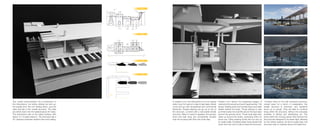 The model demonstrates the movements of
the intervention, the docks folding out and up,
the panels from the roof folding down, and the
raise and fall of the overall structure. The piles
are driven down into the seabed about 40’ deep.
The intervention sits on the water surface, with
about 10’ of water below it. The structure has a
35’ clearance between platform floor and ceiling.
In position one, the intervention is at its resting
state, how it is used on a day to day basis. Boats
come and go with recreational and commercial
fishermen. People relaxing can go up on top of
the structure, covered with a removable tensile
structure. When in need of supplies, the grocery
store and bait shop are conveniently located
near the housing with their own boat slips.
Position two shows the beginning stages of
closing the structure as a storm approaches. The
ferries, floating dock and tourists leave and seek
shelter behind the levee. Those wishing to stay
put their boats into boat lifts above the boat slips
around the grocery store. Those boat slips then
close up around the boats, protecting them for
future use. Other existing docks fold out and up
to create walls. Dockless areas have panels fold
down from the roof to fully enclose the structure.
Position three is the fully enclosed structure,
closed down for a storm. In preparation, the
tensile structure is removed, and residents
stock up on goods. They are able to continue
living within the structure, without the everyday
activities of fishing and distributing ice. The
joints within the moving pieces that enclose the
structure are designed to be water tight, allowing
for dry interior spaces. As storm surge rises, the
structure rises to maintain above the water line.
Leeville Electricity Switching Station
Section
Plan
Scale: 1/8” = 1’0”
50’
30’
30’
12’
12’
80’
25’ 20’
Lightning Arresters
Oil Circuit Breaker Step- Down
Transformer
Voltage
Regulators
Switchgear
Incoming Lines
Outgoing Lines
Oil Circuit Breaker
Step-Down
Transformer
Voltage Regulators Switchgear
need
height
Exposed to
elements
use of structure
needs protection
needs ground space
Easy Access to Water
Docks between slips for circulation
Large dock for
circulation,
storage and
workspace
Length for mid sized to small boats
Scale: 1/8” = 1’0”
Leeville Boat Dock
Section
Plan
15’ 25’
25’
10’
15’
78’
 