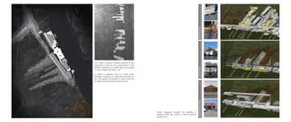 In an effort to preserve existing wetlands it was
important to limit any new construction to the
existing hardscape of Leeville taking advantage
of more suitable foundation soil.
A series of spillways help to control water
inundation allowing it to pass freely through the
site. The spillway is a layered to collect sediment
as water passes through during low tide.
These diagrams illustrate the layering of
program within the context of flood protection
infrastructure.
 