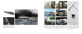 The operable sea wall closes when a storm is
approaching protecting the infrastructure that is
essential to the fishing industry but remains open
in normal moderate conditions to allow access
to the water.
To understand how the sea wall might be able to
move up and down I took apart the an umbrella
and put it back together that uses the same
idea of an extension arm that opens and closes
to provide protection. These ideas were then
applied to the sea wall.
Coastal development requires management
of land edge conditions using retaining walls
and sea walls. Combining the most successful
technique of rip rap and the typical retaining wall
erosion can be prevented from this coastal edge.
Using a simple pulley system lifts help to protect
the boats from damaging waves and additional
maintenance coasts by lifting them out of the
water. Similar technology are applied to the
operable sea wall to raise and lower it during
storms.
 