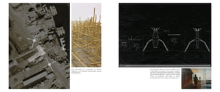 The intervention is comprised of Nodes,
Platforms, and individual programmed spaces
and structures.
The proposal makes use of the stability found
in the pilings and poles in the urban condition,
the strong vertical elements standing in contrast
with the horizontal land - water mix and holding
strong via interaction with layers of slower
moving sediment found below the water level.
 