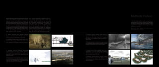 2100 Seasonal Fishing camp
Leeville, La
8019 Dupione deep sea
Dupione Marine Industrial fabric
“The best stories take us inside of storytelling so
seamlessly, that when we emerge, the impossible
is easier to imagine. This fiction creates a space
in our minds to consider other perspectives and
adopt new solutions.”
Sheree Renée Thomas, Imagination Will Help Find Solutions to
Climate Change, The New York Times
Methods Preface
L: Symbiotic Defense (Landon Pugh) imagines a
Leeville that inhabits LA-1 symbiotically protecting the
highway from the climate events and re-purposing
the town as a guardian of Port Fourchon’s oil
infrastructure.
R: Protection (Katherine Bartkowiak) imagines Leeville
as a protected outpost remaining outside of existing
protection infrastructure even as land recedes.
L: Realism (Kevin Miller) imagines Leeville as a
continuation of a the existing flood protection
infrastructure and re-purposes the town as a flood
gate managing Bayou Lafourche.
R: Adaptation (James Canales) imagines a Leeville
where architecture serves as the basis of a new
infrastructure of land building, returning Leeville to its
previous footprint.
L: Radical Survivalism (Karl Schmidt) imagines
Leeville as an infrastructural node that is attuned to
natural functions and processes of that place.
R: Restitching (Joshua Smith) imagines Leeville as a
seasonal fishing camp, restitched and rebuilt each
year, changing and adapting to remaining structures.
L: Collective Resilience (JaLeesa Sims-Smith)
imagines Leeville as an act of collective resilience,
where residents develop architecture to continue the
geographic location of the town regardless of the
changing climate.
R: Resistance (Kelli Cunningham) imagine Leeville as
a series of contemporary three-dimensional arpents,
capturing and redistributing the environmental and
economic resources of the landscape.
ARCH 7004 Losing Ground: Methods for Leeville
is the fourth architecture studio in the six-studio
sequence Master of Architecture Program at
Louisiana State University. The studio examined
the small coastal town of Leeville, Louisiana as a
surrogate for towns throughout the Gulf South.
Leeville is not protected by the levee system and
is exposed to the impacts of a changing climate,
coastal land loss, and increasingly violent storm
events. As a harbinger of coastal Louisiana, the
town of Leeville is from the future.
Each student produced a method for Leeville,
using drawing, photography, video, writing, and
modeling. These methods aim to reconsider
the conceptual framework for the future of
small towns often overlooked in discussions
of urbanism. They are not intended to provide
realistic or complete solutions but rather to
use fictional narratives to make the ‘impossible
easier to imagine’. These ideas were explored at
the deltaic, city, building, and architectural detail
scale. The methods for Leeville are as follows:
 