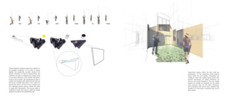 These diagrams address responsive systems to
the weather conditions. If it is sunny or raining
slightly, the residential complex remains two
stories. However, if a storm is approaching, the
residents are able to collapse the housing units
to one story. Because of the double wall system
found in the complex, the architecture is able to
protect the residents with walls that are twice as
strong as a regular wall. Also, in the case of a
severe rain storm, the roof of the complex acts
as a drainage system where it allows the water
to easily flow downwards. This excess water is
collected in tanks and used to water the herbal
gardens throughout the residential units.
Interlocking spaces within the floor plan are
reminiscent of the interactive social spaces
found within the old Leeville. Throughout the
residence, there are multiple pause points that
provide opportunity for verbal interaction as
well as non verbal interaction. The non verbal
spaces are equally as important as the verbal
ones because they are the silent extrusions
and recessions that remind each resident that
Leeville is a community connected and one is
never alone.
 