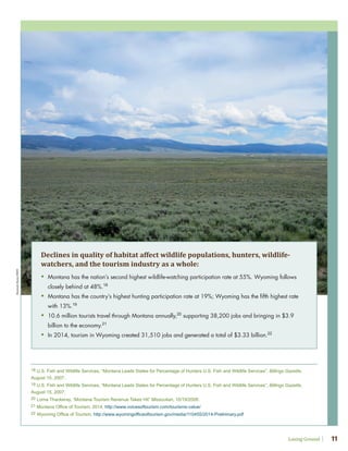 Losing Ground 11
18 U.S. Fish and Wildlife Services, “Montana Leads States for Percentage of Hunters U.S. Fish and Wildlife Services”, Billings Gazette,
August 15, 2007.
19 U.S. Fish and Wildlife Services, “Montana Leads States for Percentage of Hunters U.S. Fish and Wildlife Services”, Billings Gazette,
August 15, 2007.
20 Lorna Thackeray, “Montana Tourism Revenue Takes Hit” Missoulian, 10/19/2008.
21 Montana Office of Tourism, 2014, http://www.voicesoftourism.com/tourisms-value/
22 Wyoming Office of Tourism, http://www.wyomingofficeoftourism.gov/media/110455/2014-Prelimnary.pdf
Declines in quality of habitat affect wildlife populations, hunters, wildlife-
watchers, and the tourism industry as a whole:
• Montana has the nation’s second highest wildlife-watching participation rate at 55%. Wyoming follows
closely behind at 48%.18
• Montana has the country’s highest hunting participation rate at 19%; Wyoming has the fifth highest rate
with 13%.19
• 10.6 million tourists travel through Montana annually,20
supporting 38,200 jobs and bringing in $3.9
billion to the economy.21
• In 2014, tourism in Wyoming created 31,510 jobs and generated a total of $3.33 billion.22
HannahRyan/IWJV
 