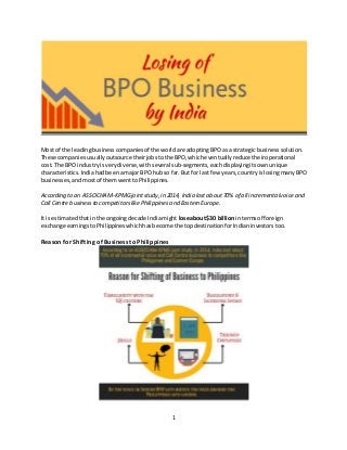 1
Most of the leadingbusinesscompaniesof the worldare adoptingBPOasa strategicbusinesssolution.
These companiesusuallyoutsource theirjobstothe BPO,whicheventuallyreduce theiroperational
cost. The BPO industryisverydiverse,with several sub-segments,eachdisplayingitsownunique
characteristics. Indiahadbeenamajor BPO hub so far.But for lastfew years,countryislosingmanyBPO
businesses,andmostof themwenttoPhilippines.
According to an ASSOCHAM-KPMGjointstudy,in 2014, India lost about70% of all incrementalvoice and
Call Centre businessto competitorslike Philippines and Eastern Europe.
It isestimatedthatinthe ongoingdecade Indiamight lose about$30 billionintermsof foreign
exchange earningstoPhilippineswhichhasbecome the topdestinationforIndianinvestors too.
Reason for Shifting of Business to Philippines
 