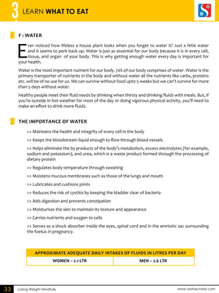 3 LEARN WHAT TO EAT 
f : WATER 
THE IMPORTANCE OF WATER 
APPROXIMATE ADEQUATE DAILY INTAKES OF FLUIDS IN LITRES PER DAY 
Losing Weight Mindfully www.sastasundar.com 
33 
Ever noticed how lifeless a house plant looks when you forget to water it? Just a little water 
and it seems to perk back up. Water is just as essential for our body because it is in every cell, 
tissue, and organ of your body. This is why getting enough water every day is important for 
your health. 
Water is the most important nutrient for our body. 70% of our body comprises of water. Water is the 
primary transporter of nutrients in the body and without water all the nutrients like carbs, proteins 
etc. will be of no use for us. We can survive without food upto 5 weeks but we can’t survive for more 
than 5 days without water. 
Healthy people meet their fluid needs by drinking when thirsty and drinking fluids with meals. But, if 
you’re outside in hot weather for most of the day or doing vigorous physical activity, you’ll need to 
make an effort to drink more fluids. 
>> Maintains the health and integrity of every cell in the body 
>> Keeps the bloodstream liquid enough to flow through blood vessels 
>> Helps eliminate the by products of the body’s metabolism, excess electrolytes (for example, 
sodium and potassium), and urea, which is a waste product formed through the processing of 
dietary protein 
>> Regulates body temperature through sweating 
>> Moistens mucous membranes such as those of the lungs and mouth 
>> Lubricates and cushions joints 
>> Reduces the risk of cystitis by keeping the bladder clear of bacteria 
>> Aids digestion and prevents constipation 
>> Moisturises the skin to maintain its texture and appearance 
>> Carries nutrients and oxygen to cells 
>> Serves as a shock absorber inside the eyes, spinal cord and in the amniotic sac surrounding 
the foetus in pregnancy. 
WOMEN – 2.1 LTR MEN – 2.6 LTR 
 