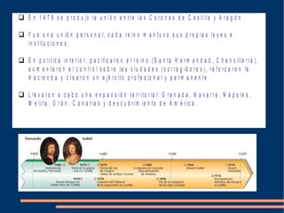  E n 1 4 7 9 s e p r o d u jo la u n ió n e n tr e la s C o r o n a s d e C a s t illa y A r a g ó n .
 F u e u n a u n ió n p e r s o n a l, c a d a r e in o m a n t u v o s u s p r o p ia s le y e s e
in s t it u c io n e s .
 E n p o lí t ic a in te r io r , p a c if ic a r o n e l r e in o ( S a n ta H e r m a n d a d , C h a n c ille r í a ) ,
a u m e n t a r o n e l c o n tr o l s o b r e la s c iu d a d e s ( c o r r e g id o r e s ) , r e f o r z a r o n la
H a c ie n d a y c r e a r o n u n e jé r c it o p r o fe s io n a l y p e r m a n e n t e .
 L le v a r o n a c a b o u n a e x p a n s ió n t e r r it o r ia l: G r a n a d a , N a v a r r a , N á p o le s ,
M e lilla , O r á n , C a n a r ia s y d e s c u b r im ie n to d e A m é r ic a .
 